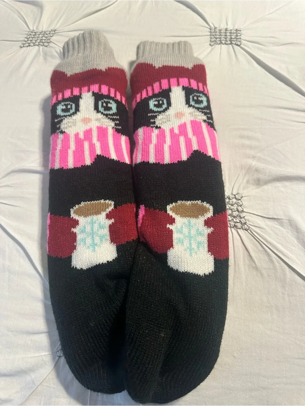 Cuddl Duds Pink & Black Cat Mug Pattern Fleece Socks
